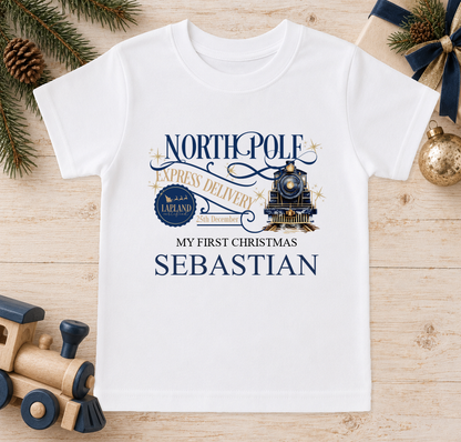 Personalised North Pole Express Navy Train baby Christmas t-shirt with a custom name