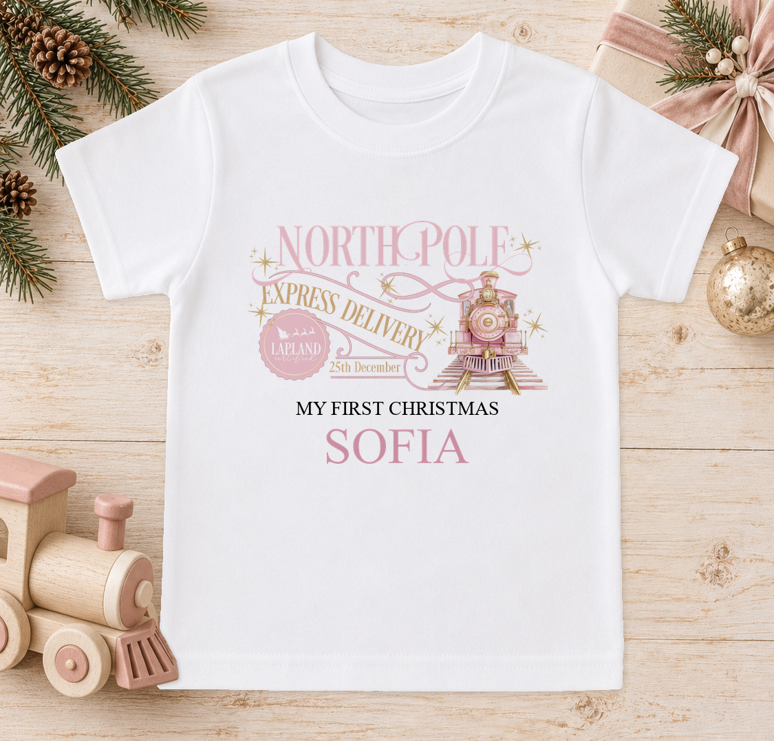 Personalised North Pole Express Pink Train baby Christmas t-shirt with a custom name