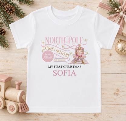 Personalised North Pole Express Pink Train baby Christmas t-shirt with a custom name