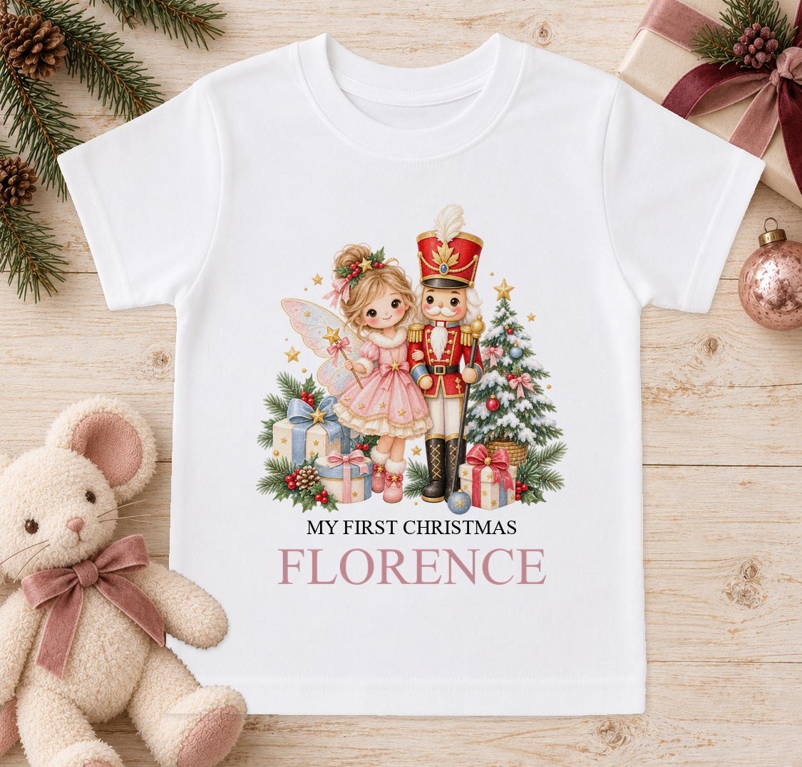 Personalised Fairy and Nutcracker baby Christmas t-shirt with a custom name