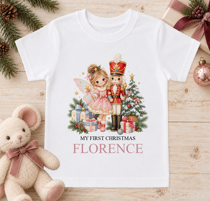 Personalised Fairy and Nutcracker baby Christmas t-shirt with a custom name