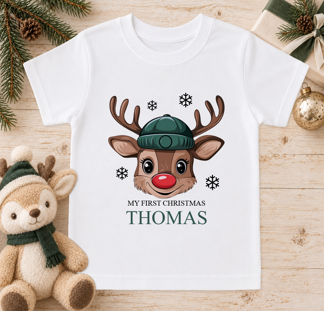 Personalised Reindeer Face Beanie baby Christmas t-shirt with a custom name