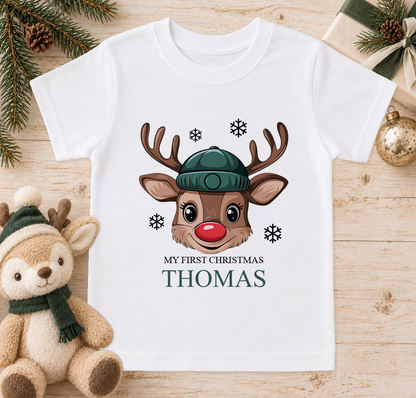Personalised Reindeer Face Beanie baby Christmas t-shirt with a custom name