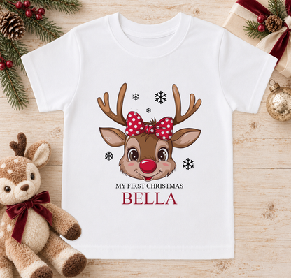 Personalised Reindeer Face Polka Bow baby Christmas t-shirt with a custom name