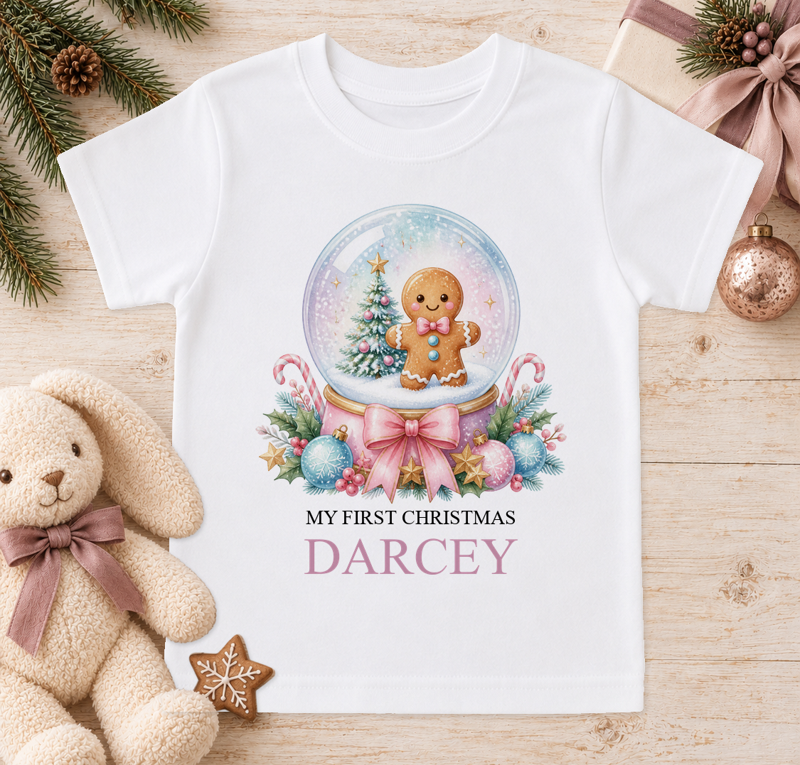 Personalised Gingerbread Snow Globe baby Christmas t-shirt with a custom name