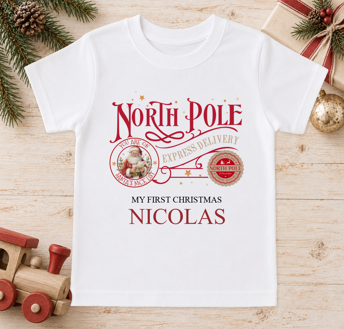 Personalised North Pole Express Santa Stamp baby Christmas t-shirt with a custom name
