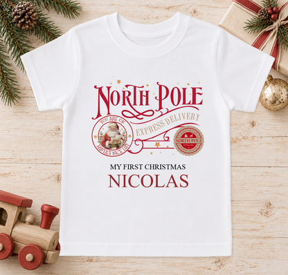 Personalised North Pole Express Santa Stamp baby Christmas t-shirt with a custom name