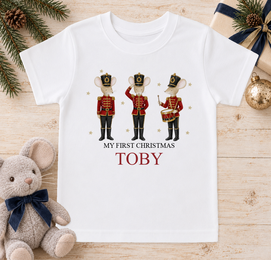Personalised Nutcracker Mice baby Christmas t-shirt with a custom name