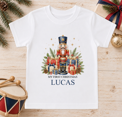 Personalised Nutcracker Drummer baby Christmas t-shirt with a custom name