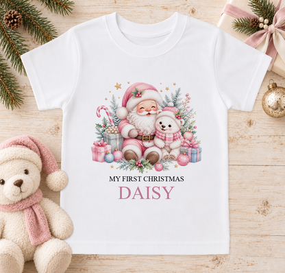 Personalised Pink Santa and Polar Bear baby Christmas t-shirt with a custom name