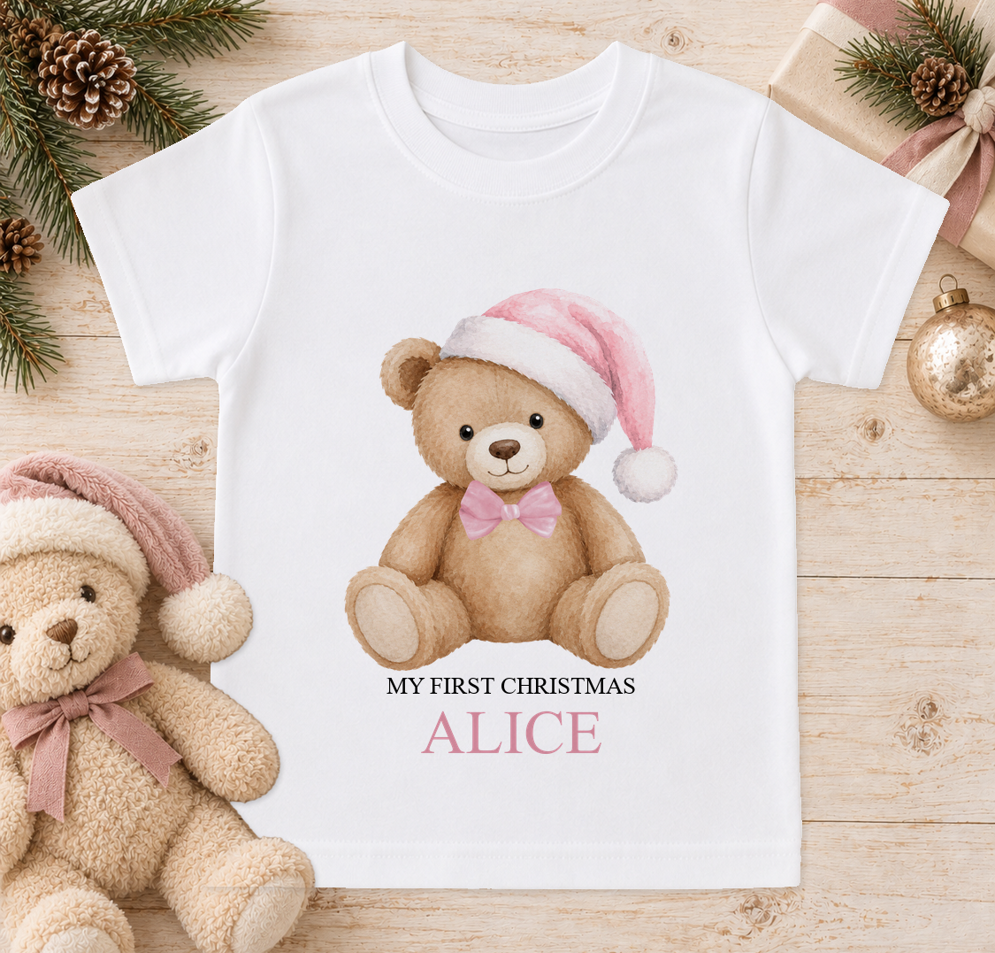 Personalised Pink Hat Teddy baby Christmas t-shirt with a custom name