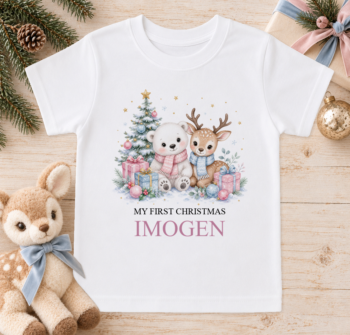 Personalised Polar Bear and Fawn Friends baby Christmas t-shirt with a custom name