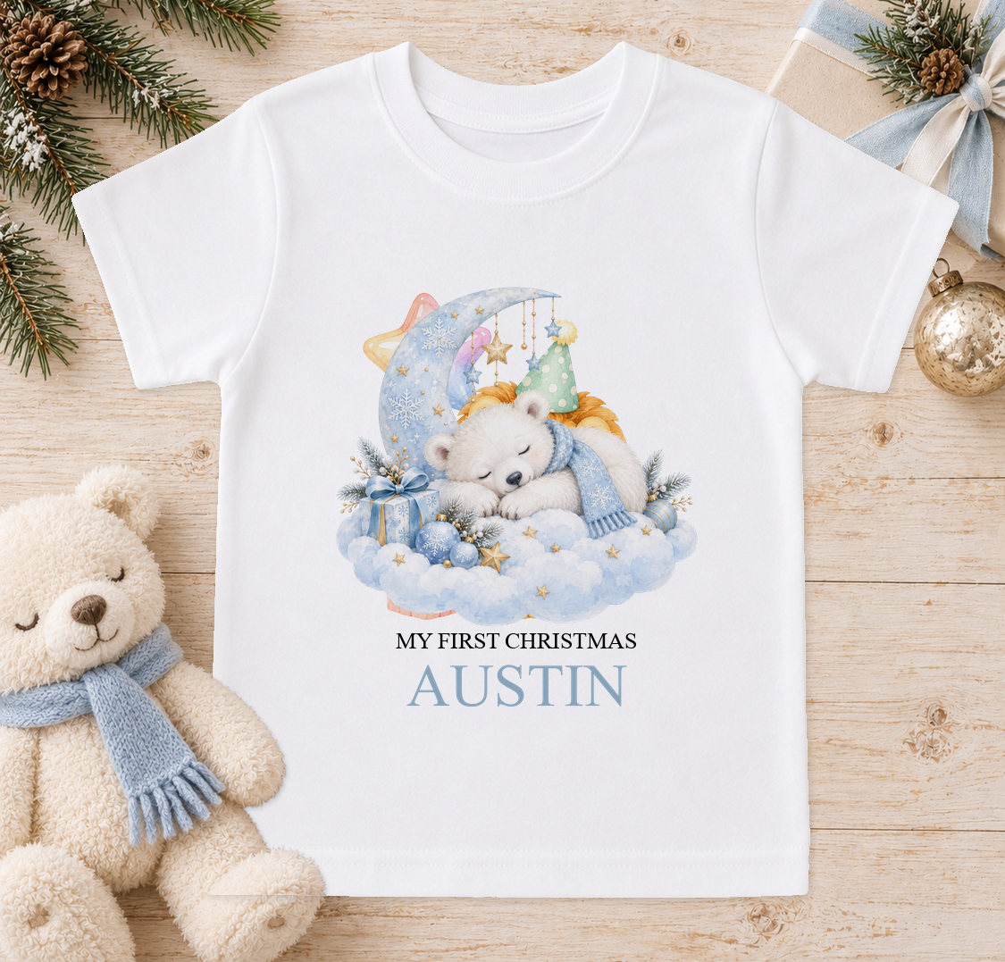 Personalised Sleepy Polar Bear baby Christmas t-shirt with a custom name