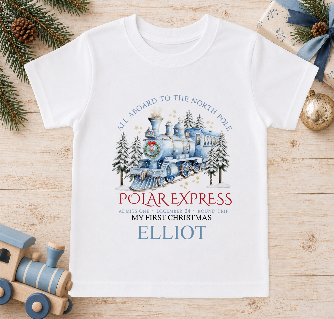 Personalised All Aboard North Pole Train Blue baby Christmas t-shirt with a custom name