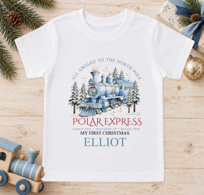 Personalised All Aboard North Pole Train Blue baby Christmas t-shirt with a custom name