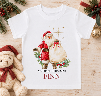Personalised Vintage Father Christmas baby Christmas t-shirt with a custom name