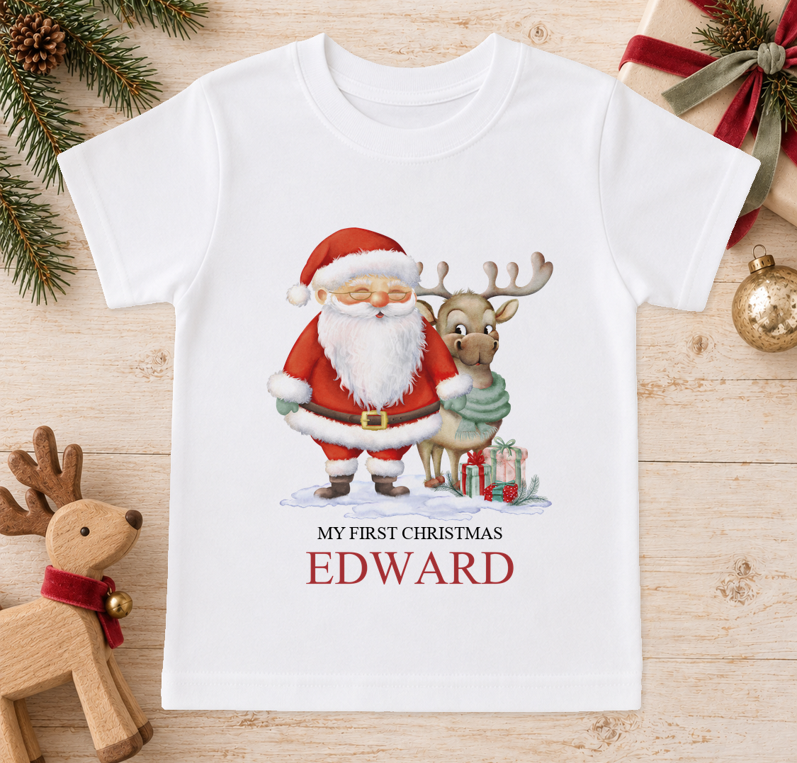 Personalised Santa and Reindeer baby Christmas t-shirt with a custom name