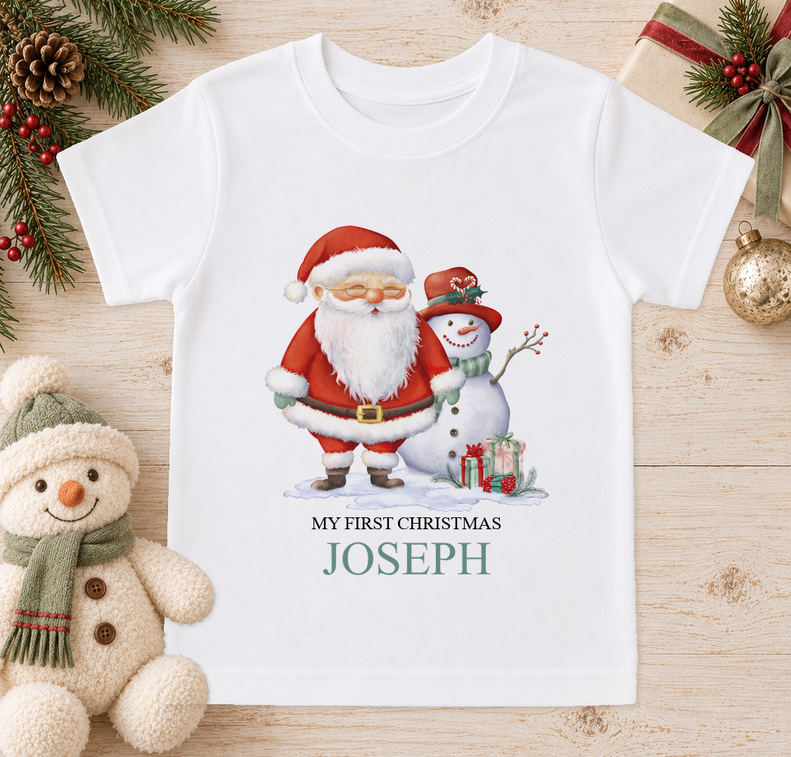 Personalised Santa and Snowman baby Christmas t-shirt with a custom name