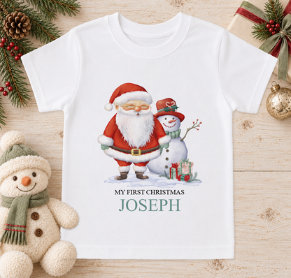 Personalised Santa and Snowman baby Christmas t-shirt with a custom name