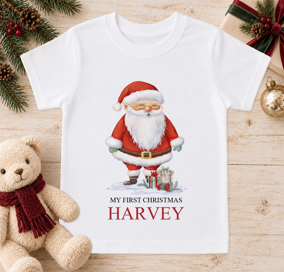 Personalised Santa with Gifts baby Christmas t-shirt with a custom name