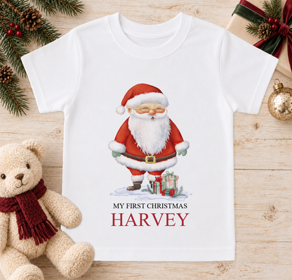 Personalised Santa with Gifts baby Christmas t-shirt with a custom name
