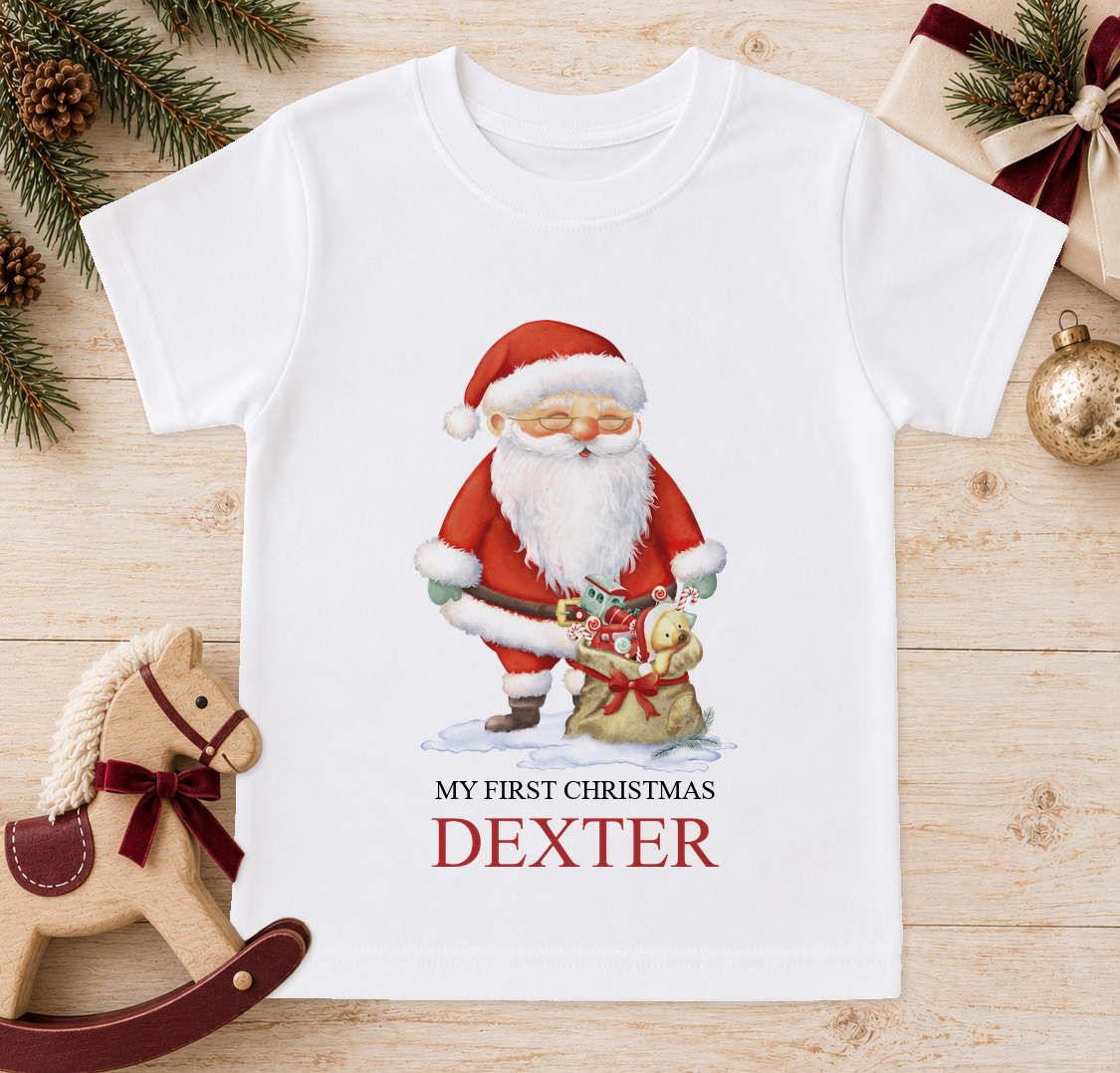 Personalised Santa and Toy Sack baby Christmas t-shirt with a custom name
