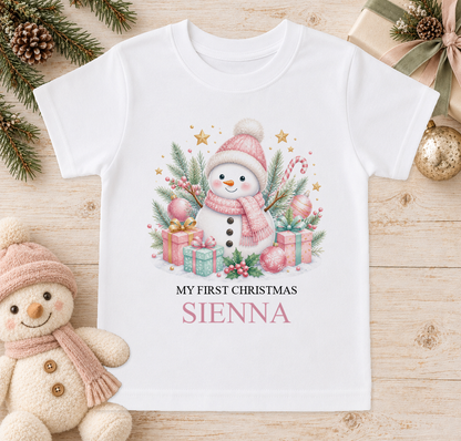 Personalised Pink Snowman baby Christmas t-shirt with a custom name