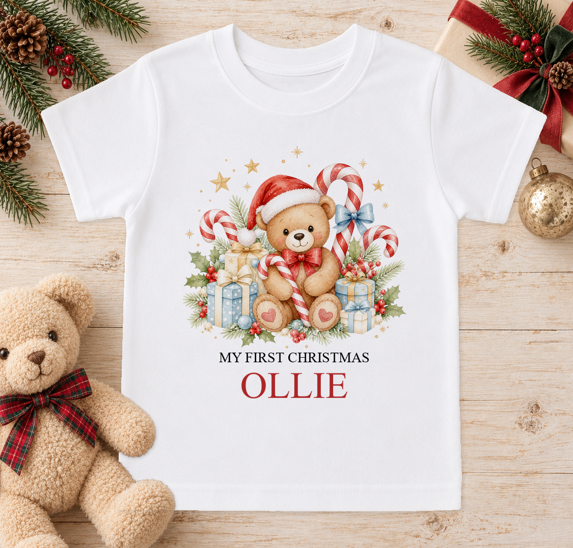 Personalised Candy Cane Teddy baby Christmas t-shirt with a custom name