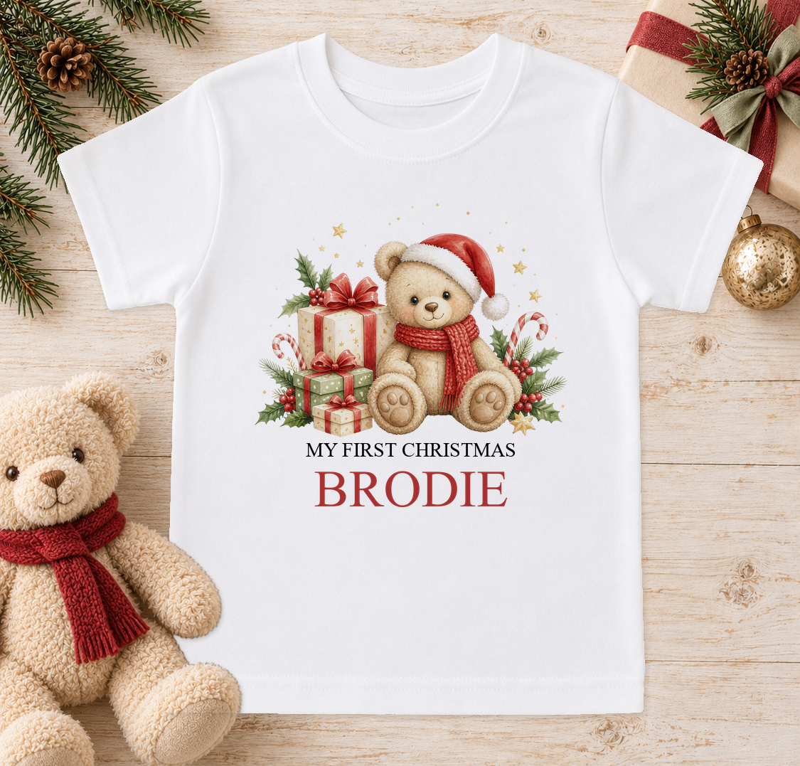 Personalised Cosy Scarf Teddy baby Christmas t-shirt with a custom name