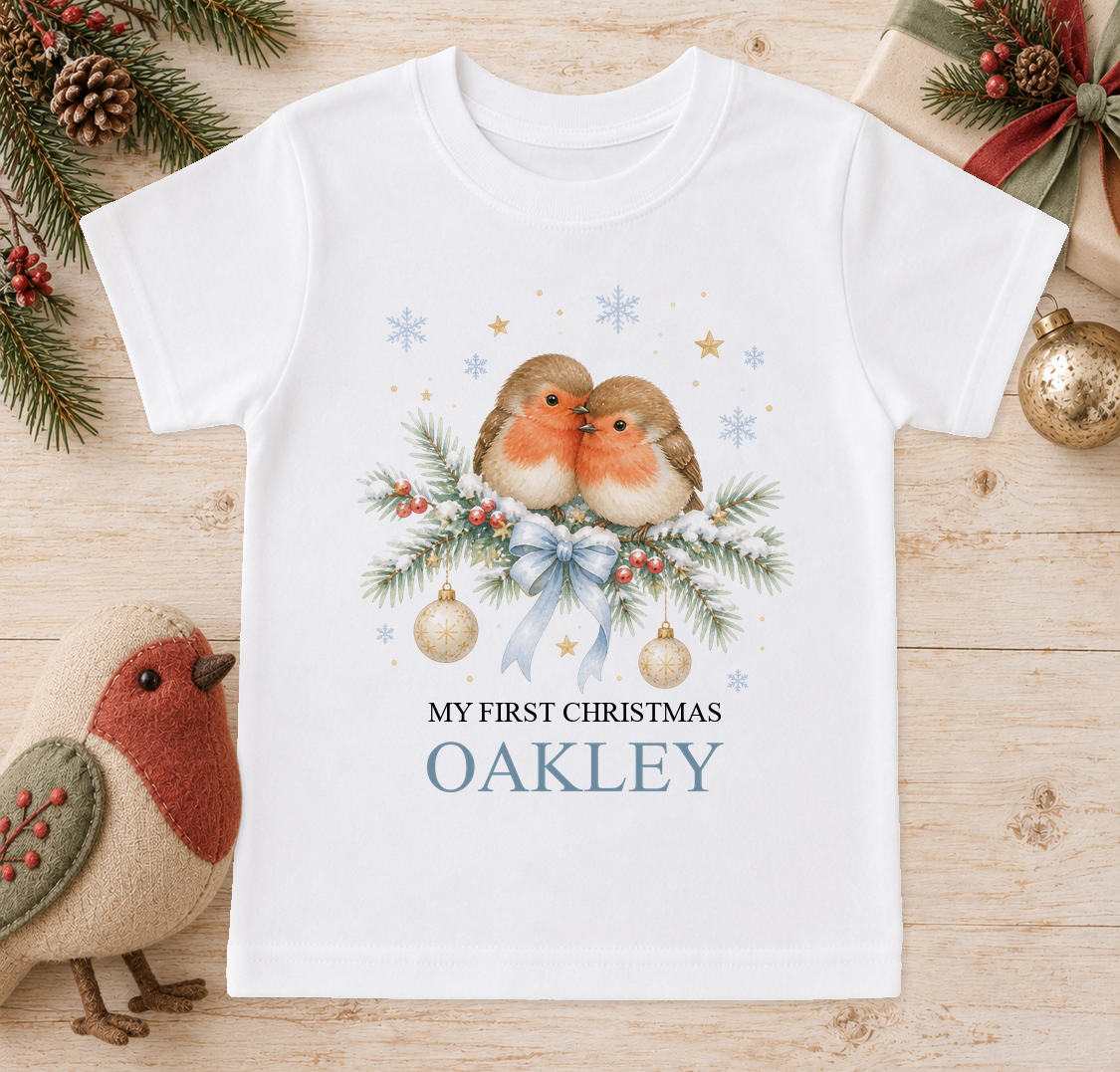 Personalised Two Robins baby Christmas t-shirt with a custom name