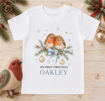 Personalised Two Robins baby Christmas t-shirt with a custom name
