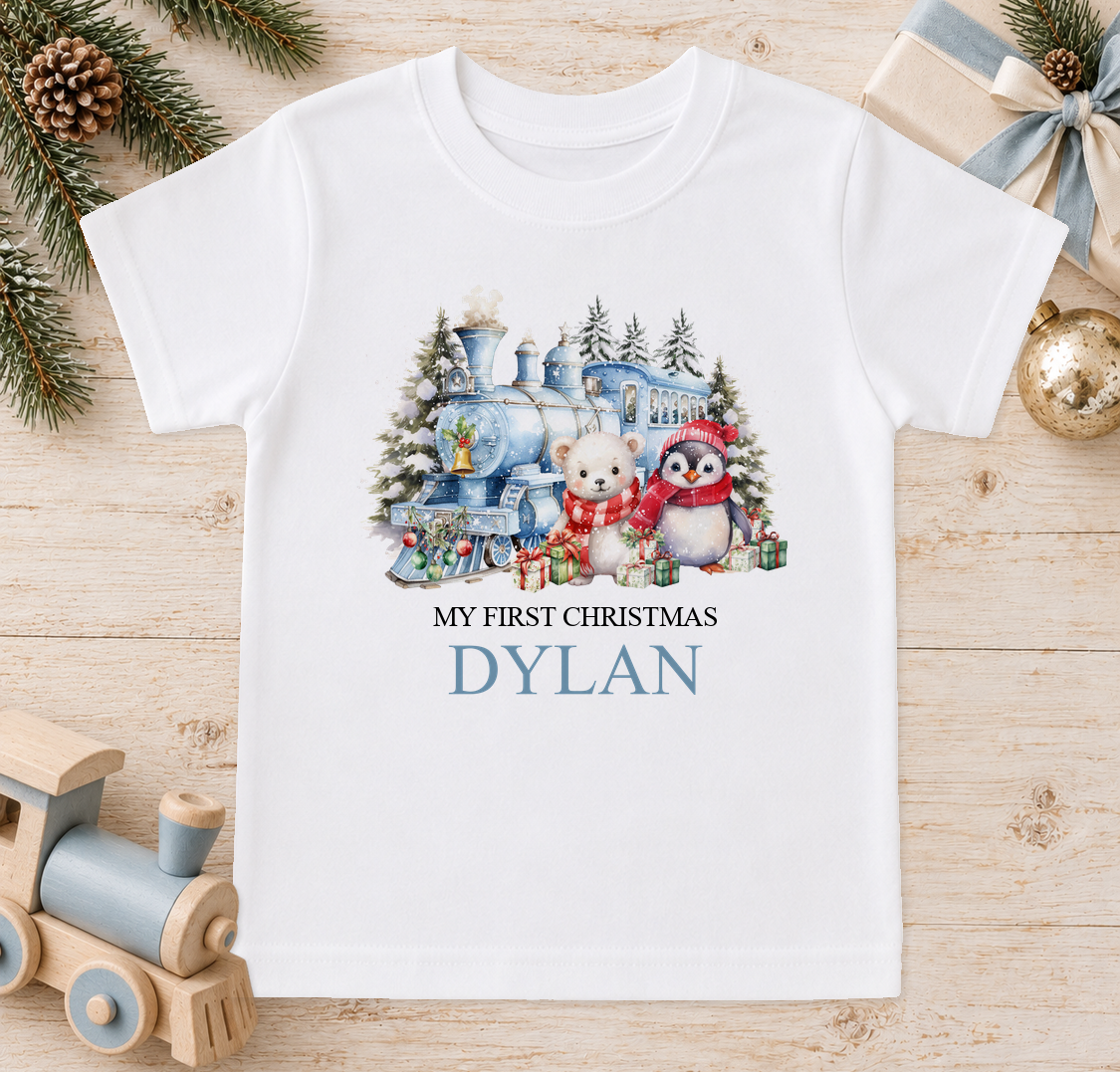 Personalised Winter Christmas Train baby Christmas t-shirt with a custom name