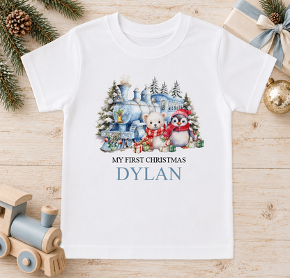 Personalised Winter Christmas Train baby Christmas t-shirt with a custom name