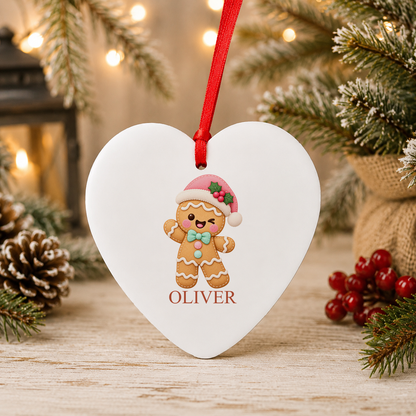 Personalised Gingerbread Santa Hat Christmas heart decoration with a custom name