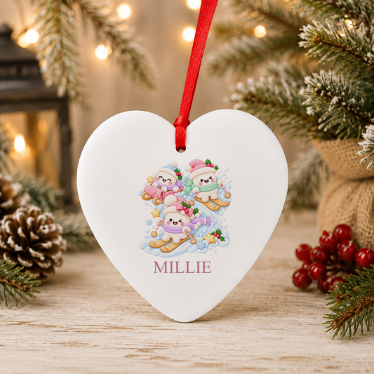 Personalised Snowman Ski Day Christmas heart decoration with a custom name