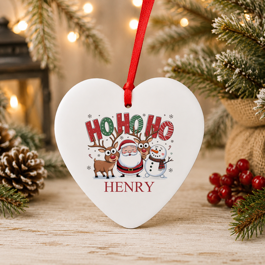 Personalised Ho Ho Ho Christmas heart decoration with a custom name