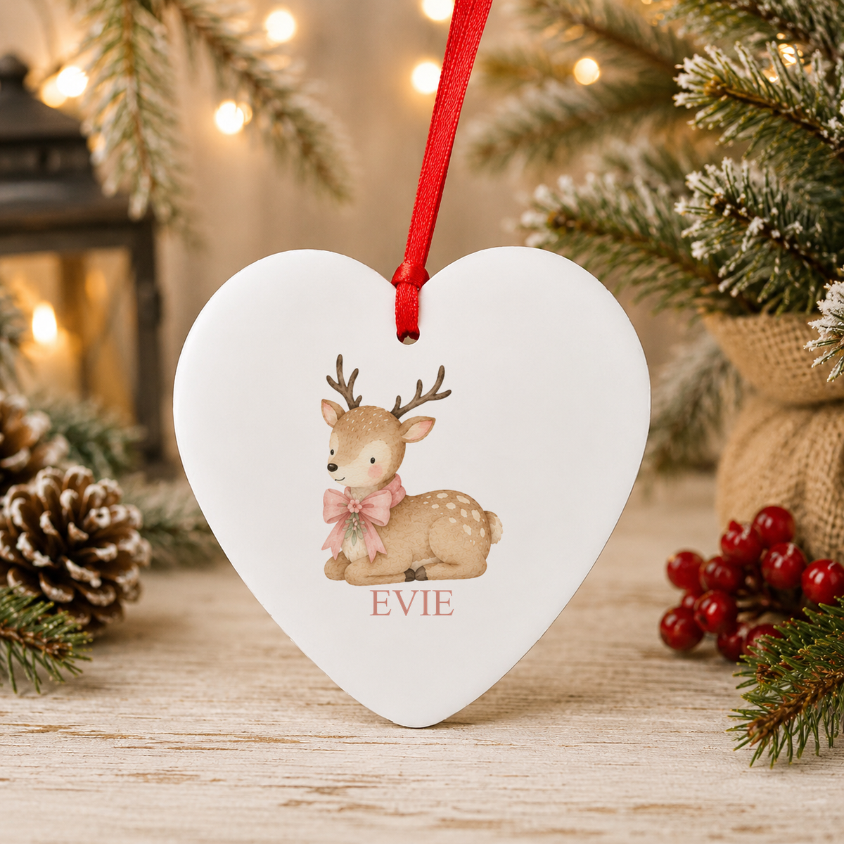 Personalised Sweet Fawn Christmas heart decoration with a custom name