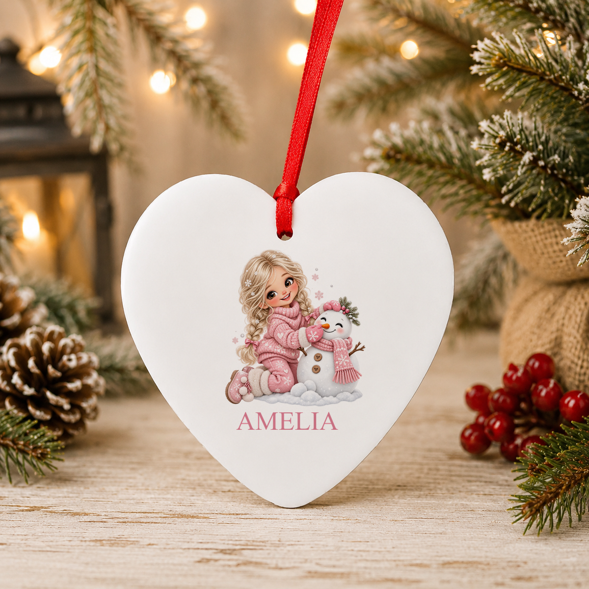 Personalised Blonde Girl and Snowman Christmas heart decoration with a custom name