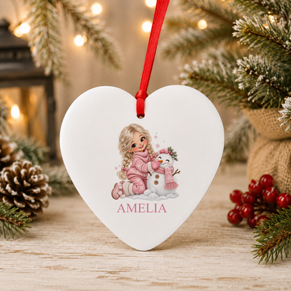 Personalised Blonde Girl and Snowman Christmas heart decoration with a custom name