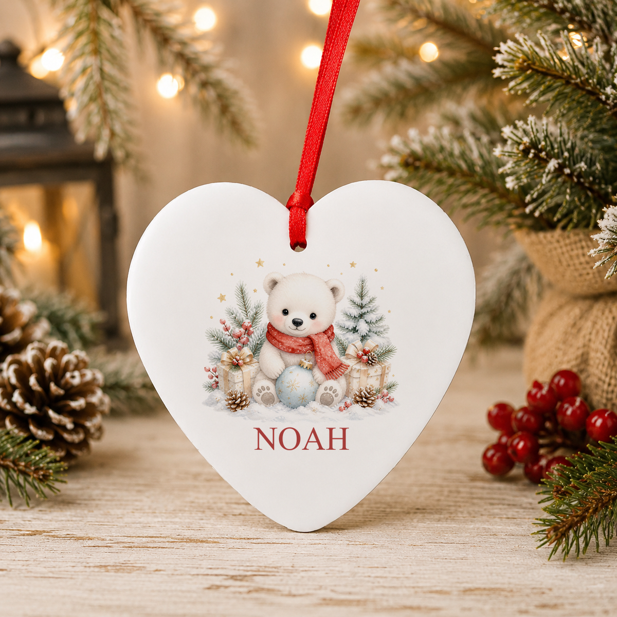 Personalised Polar Bear in Red Scarf Christmas heart decoration with a custom name