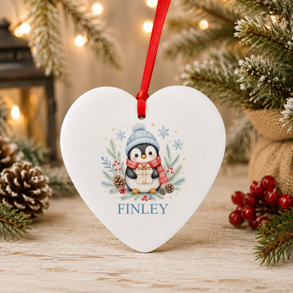 Personalised Penguin with Present Christmas heart decoration with a custom name