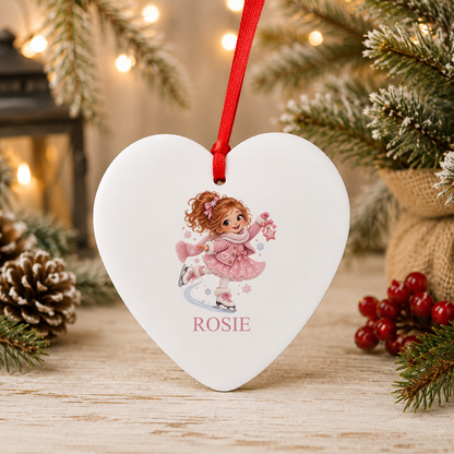 Personalised Ice Skating Girl Christmas heart decoration with a custom name