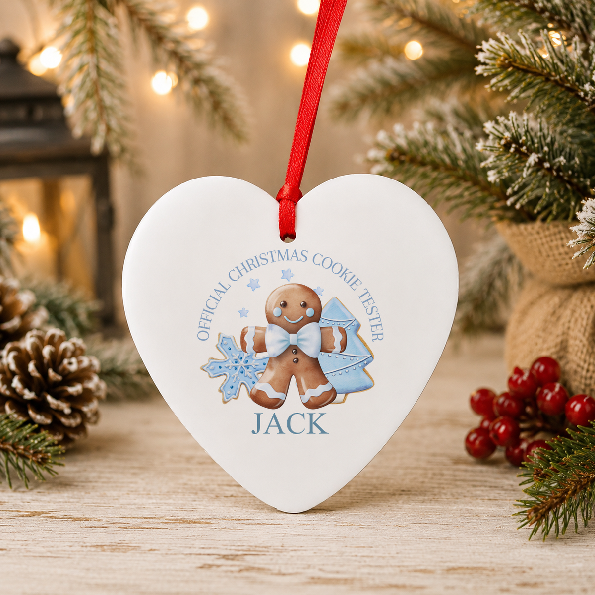 Personalised Blue Cookie Tester Christmas heart decoration with a custom name