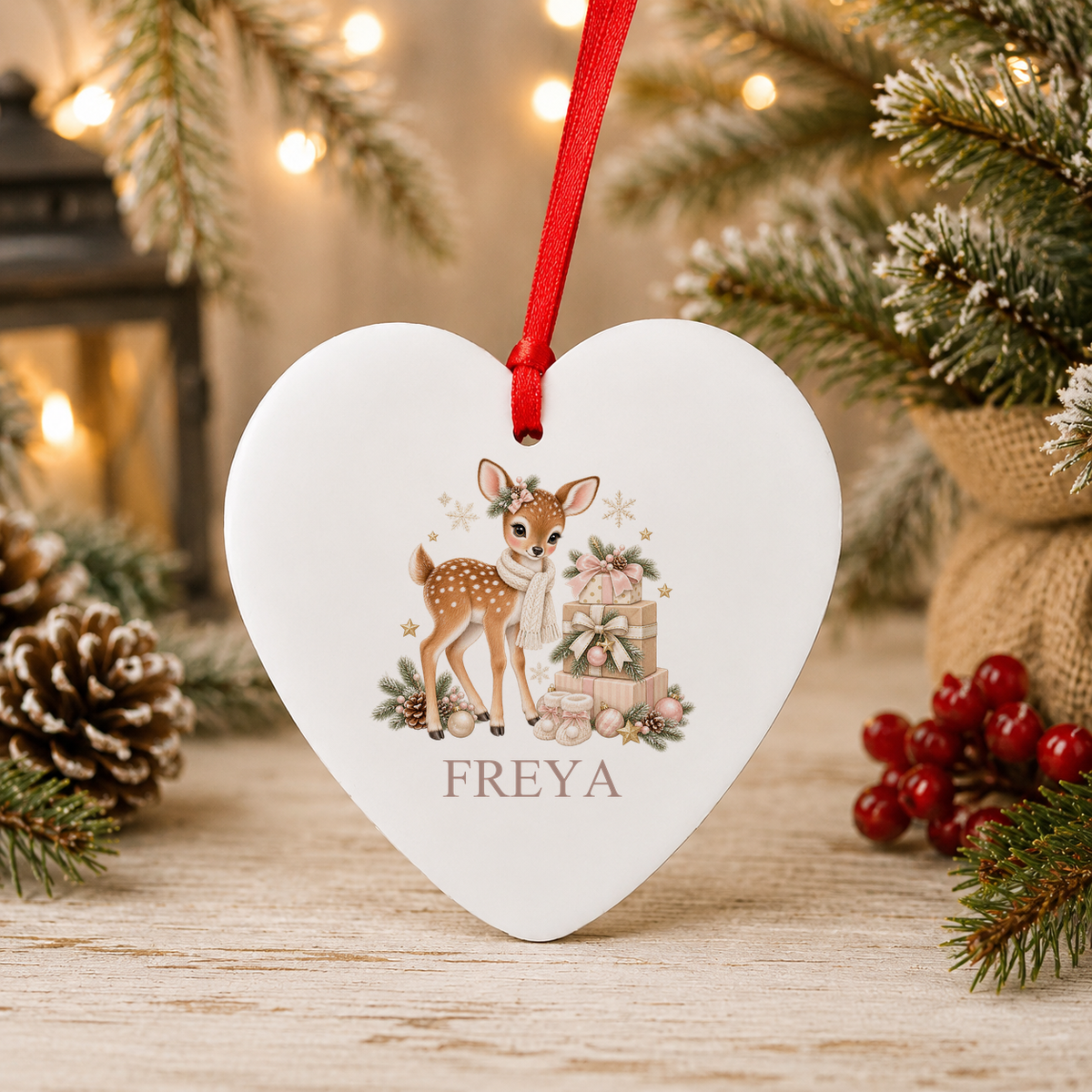 Personalised Fawn and Gift Stack Christmas heart decoration with a custom name