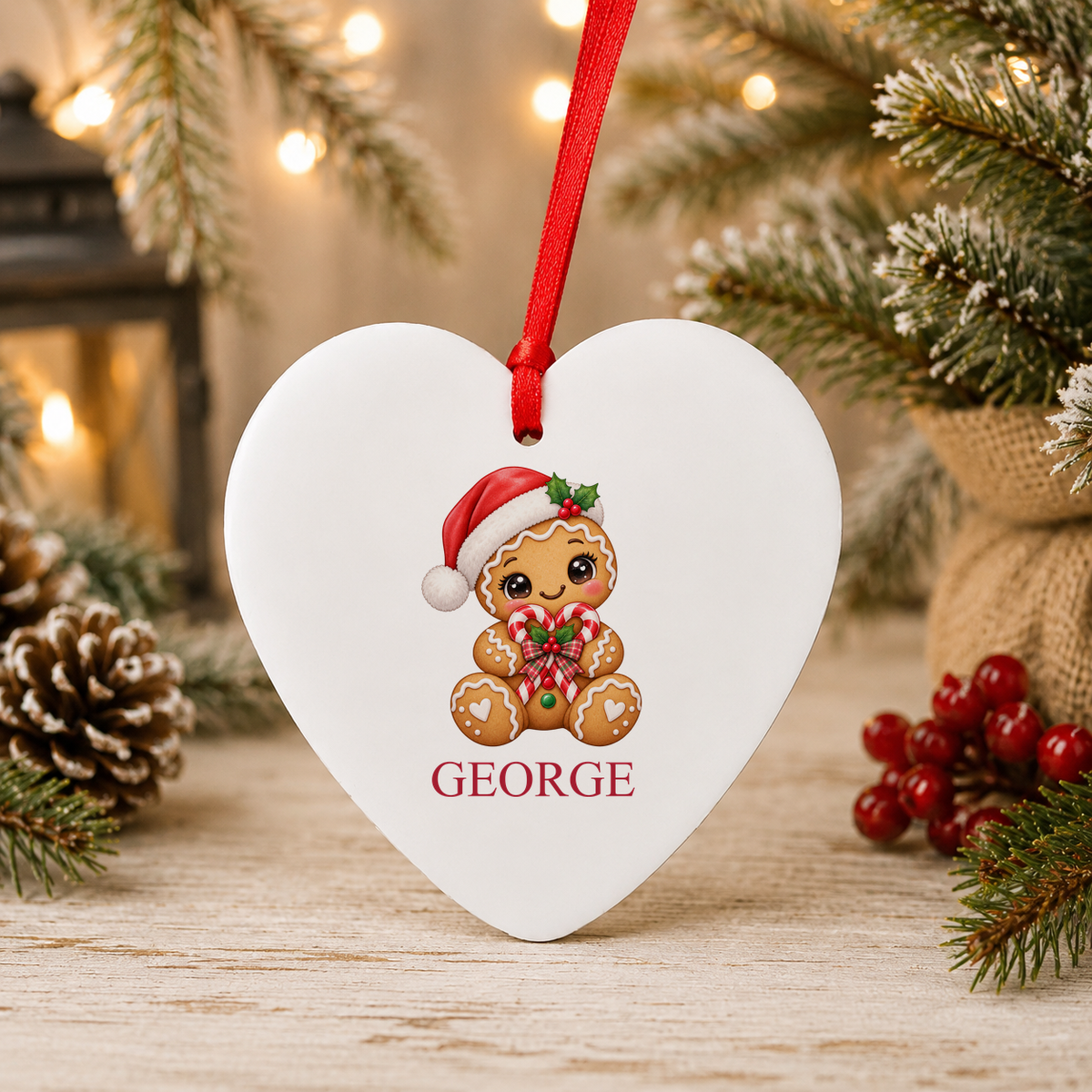 Personalised Gingerbread Candy Cane Heart Christmas heart decoration with a custom name