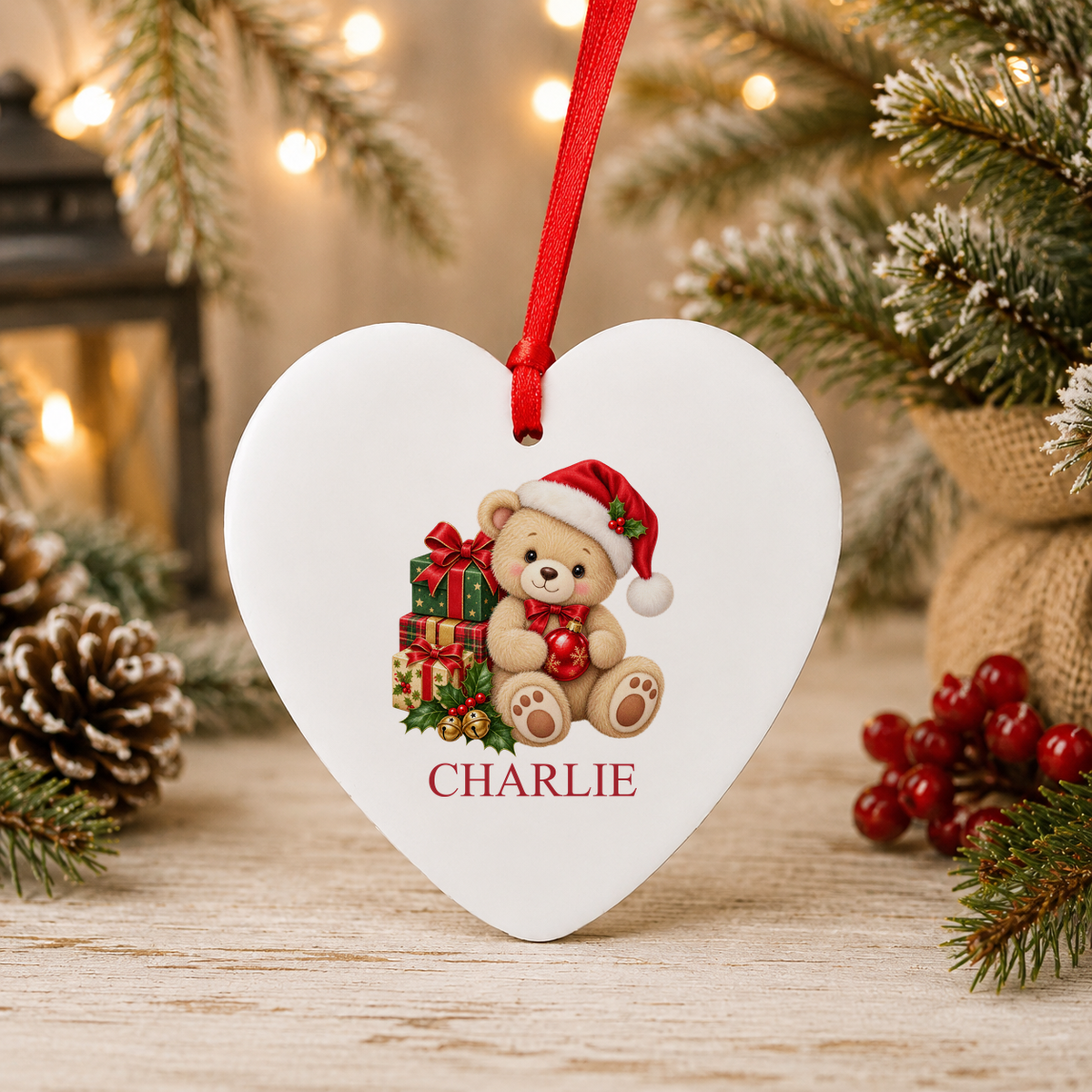 Personalised Teddy with Presents Christmas heart decoration with a custom name