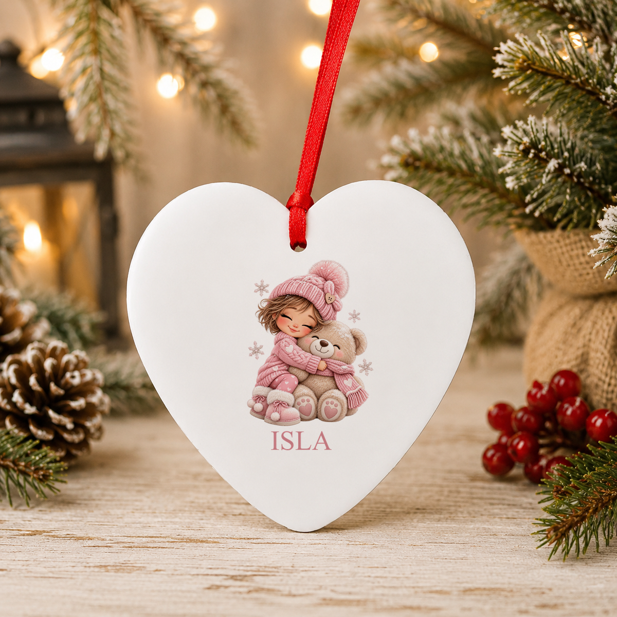 Personalised Girl Hugging Teddy Christmas heart decoration with a custom name