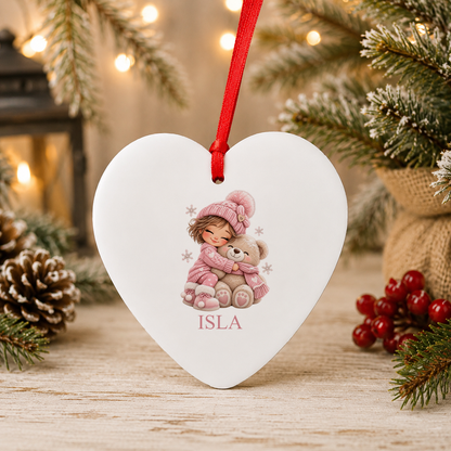 Personalised Girl Hugging Teddy Christmas heart decoration with a custom name