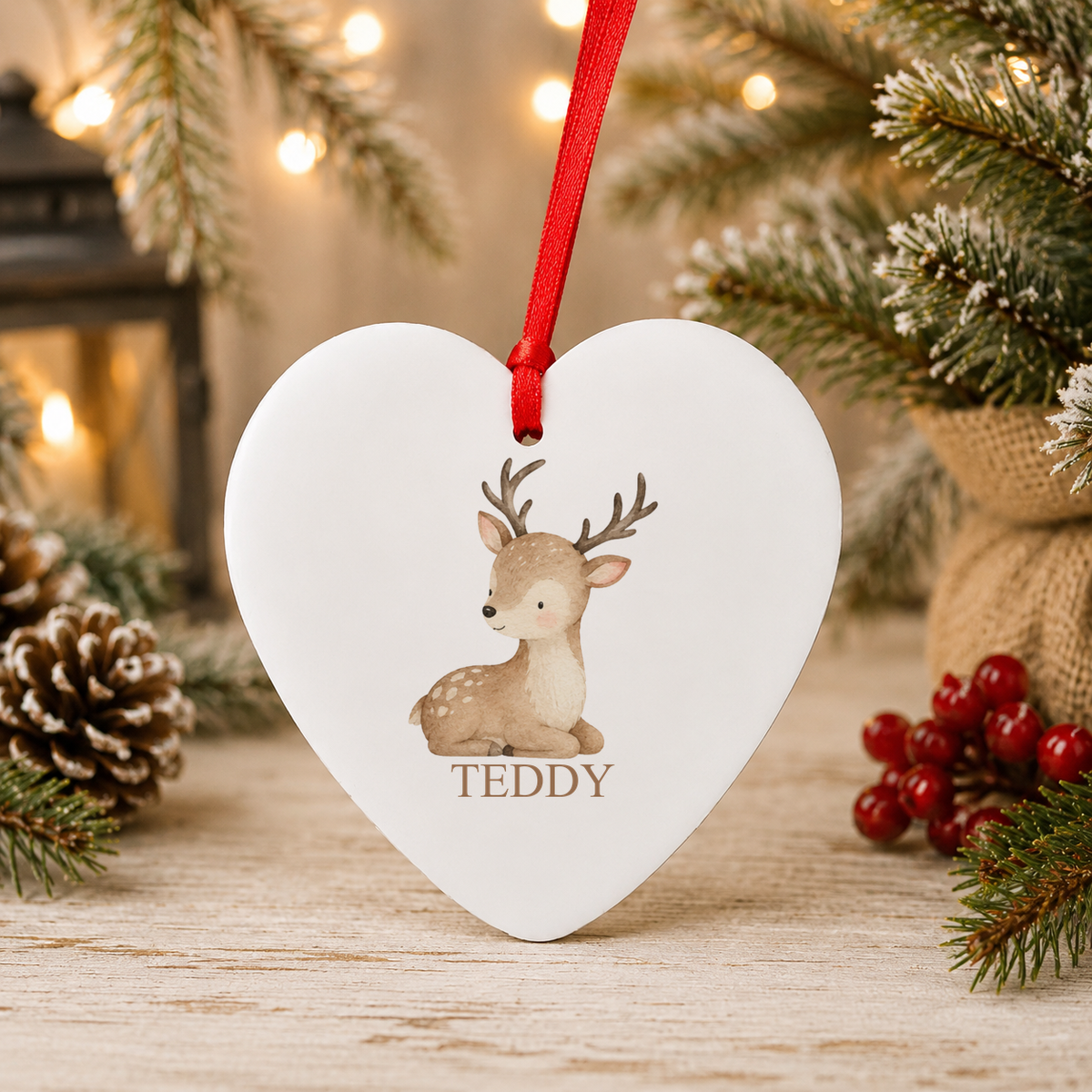 Personalised Baby Reindeer Christmas heart decoration with a custom name