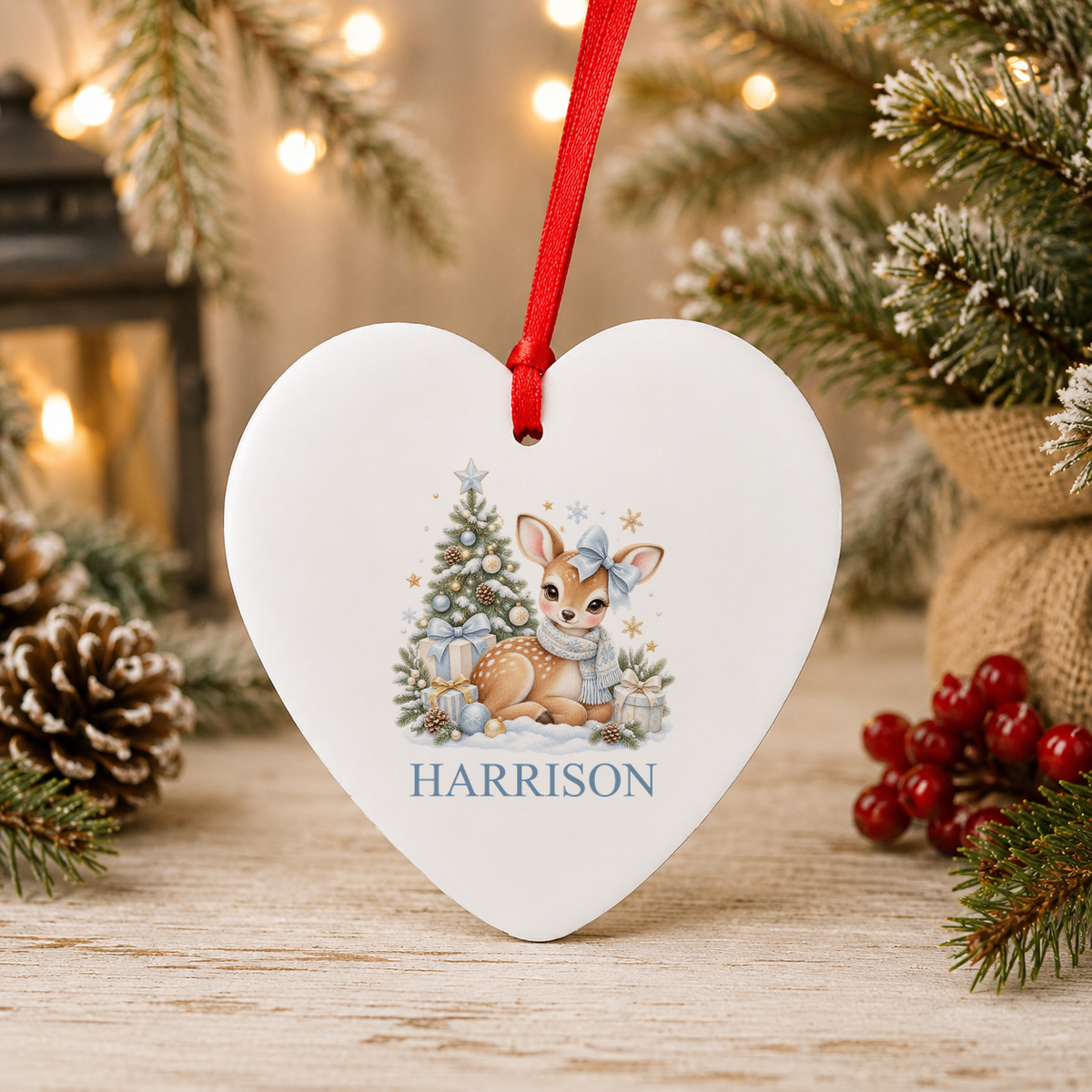 Personalised Blue Bow Fawn Christmas heart decoration with a custom name